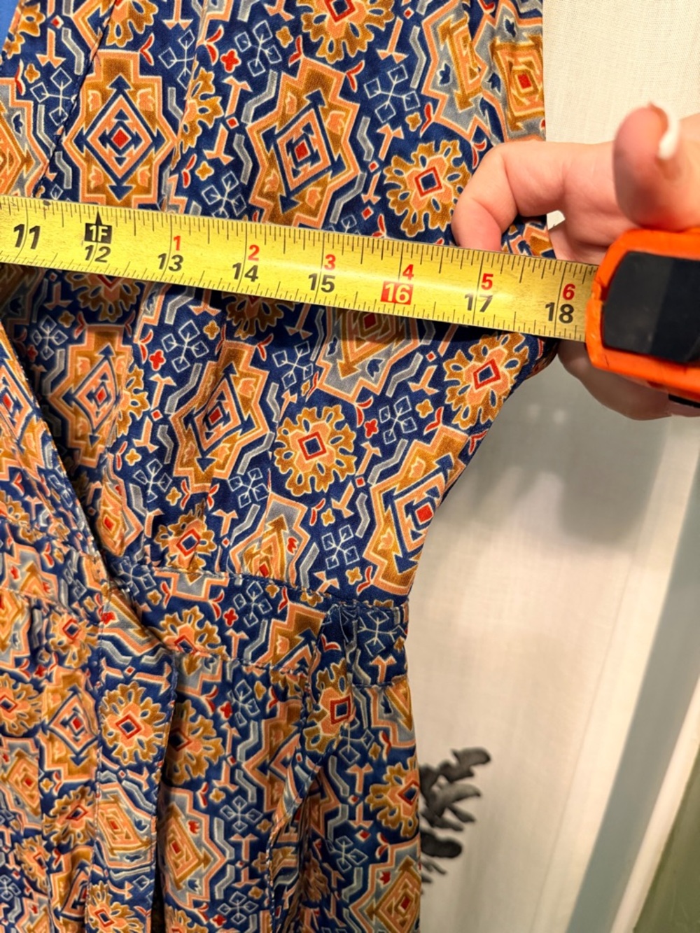 Anthropologie Tulle Women's Navy & Orange Printed V-Neck Tie-Waist Dress - Picture 8 of 11